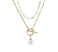 YAHOYA 18K Gold Plated Stainless Fashion OT Clasp Pearl Pendant Necklace Womens Double Necklace Round 12mm Big Shell Pearl Necklace