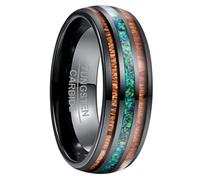 YAHOYA Comfort Fit 8mm Natural Acacia Wood Ring with Letter I Love You Green Opal Tungsten Carbide Ring For Men Name