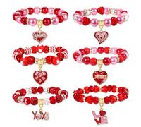 YAHPERN 6PCS Valentine’s Day Bracelet for Women Red Pink Beaded Bracelets Crystal Pearl Stretch Bracelet XOXO Love Conversation Heart Charm Bracelets Valentine’s Day Accessories Jewelry Gifts, L