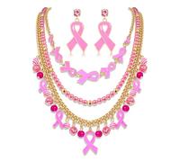YAHPERN Breast Cancer Awareness Jewelry Set Layered Pink Ribbon Necklace Dangle Earring Breast Cancer Awareness Accessories for Women Survivor Support Jewelry Gifts, Acrylic, No Gemstone