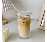 YAHUIPEIUS Glass Tumbler Stripe Glass Cup Coffee Cup With Lid and Straw LIDS DON'T SECURE 12.5 oz Drinking Glasses for Water,Iced Coffee,Milk,Tea,Juice (A-Stripe)