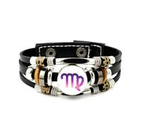 YAIEWNE Men's Leather Bracelet, Virgo Zodiac Sign Art Stripe Fault Art Adjustable Leather Layered Braided Bracelet, Punk Ethnic Handmade Bangle, Friendship Accessory Birthday Christmas Gift