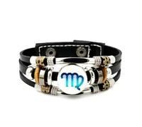 YAIEWNE Men's Leather Bracelet, Virgo Zodiac Sign Scan Stripe Fault Art Adjustable Leather Layered Braided Bracelet, Punk Ethnic Handmade Bangle, Friendship Accessory Birthday Christmas Gift