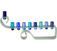 Yair Emanuel Aluminum Hanukkah Menorah with Blue and Turquoise Candleholders by World Of Judaica