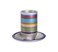YAIR EMANUEL Anodized Aluminum Kiddush Cup for Shabbat with Multicolored Rings and Matching Saucer - Modern Judaica Wedding Gift (Multicolored CAB-1)