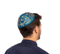 Yair Emanuel Blue Embroidered Flower Design Kippah