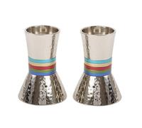 Yair Emanuel Candlesticks Hammered Metal Designed with Colored Rings 4" by Artist (Multi Color Rings)