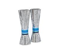 Yair Emanuel Cone Shaped Hammered Nickel Candlesticks Designed Colored Rings (Blue Rings)