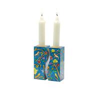 Yair Emanuel Flowers And Birds Fitted Shabbat Candlestick Holders, Hand Painted By With Brass Candle Inserts