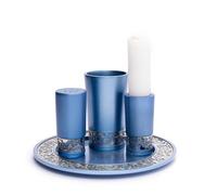 Yair Emanuel Havdalah Set - Blue Anodized Aluminum with Laser Cut Stainless Steel Filigree - Kiddush Cup, Spice Box, Candle Holder and Plate - Elegant Modern Judaica Gift