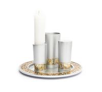 Yair Emanuel Havdalah Set - Matte Silver Anodized Aluminum with Laser Cut Stainless Steel Filigree - Kiddush Cup, Spice Box, Candle Holder and Plate - Elegant Modern Judaica Gift