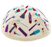 Yair Emanuel Kippah for Children, White Fabric with Embroidered Hand Tools