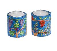 Yair Emanuel Matching Pair of Painted Wooden Candle Holders, 5cm, Seven Species Design