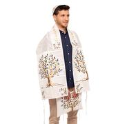 Yair Emanuel Multicolor Tree of Life Design Embroidered Raw Silk White Tallit Set