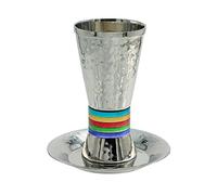 Yair Emanuel Nickel Kiddush Cup and Plate 5 Colors | Cylinder Shape | Hammer Work Colors (CUT-1)