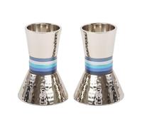 Yair Emanuel Pair of Shabbat Candlesticks | Hammered Metal Designed with Shades of Blue Rings | CA-2