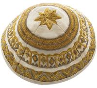Yair Emanuel Raw Silk and Cotton Kippah, Abstract Pattern, Gold and Silver