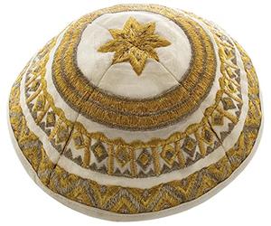Yair Emanuel Raw Silk and Cotton Kippah, Abstract Pattern, Gold and Silver