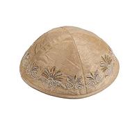 Yair Emanuel Raw Silk and Cotton Kippah, Flowers and Leaves, Gold