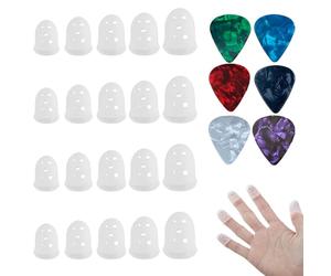 YAISUHCHNYE 20 PCS Guitar Fingertip Protectors with 6 Guitar Picks Silicone Transparent Fingertip Protection Covers Caps Finger Guards for Guitar Playing Money Counting Paper Sorting Sewing Knitting