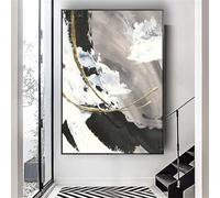 YAJNILUCK Abstract Gold Foil Line Picture Modern Oil Painting on Canvas Wall Art Black White Texture for Home Room Indoor Decor 80x100cm(31x39in) With Frame