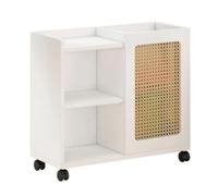 Yajuyi Sports Gear Organizer With Rattan And Wood Construction Versatile Equipment Storage Cabinet With Open Shelf Section And Enclosed Cabinet Area Smooth, White