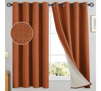 Yakamok Burnt Orange Linen Curtains - 100% Blackout, 63 Inch Long, Room Darkening Textured Curtains for Living Room & Bedroom, 2 Panels with White Liner