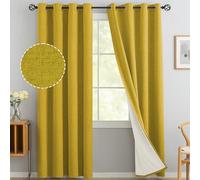 Yakamok Mustard Yellow Linen Curtains 100% Blackout 84 Inches Long,Room Darkening Textured Curtains for Living Room Thermal Grommet Bedroom Curtain 2 Panels with White Liner