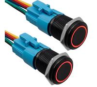 Yakamoz 12v Push Button Switch, 2Pcs 16mm Momentary Switch with Pigtail 5 Pin Metal Waterproof Horn Button, Computer Restart Button, Red LED Angle Eyes