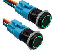 Yakamoz Momentary Push Button Switch 12V Small Momentary Switch, 2Pcs SPDT 1NO 1NC Waterproof Horn Switch with Socket Plug, Green LED Angel Eyes Metal Button(16mm)