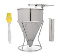 YAKCAM Pancake Batter Dispenser 40oz Stainless Steel with Stand & Basting Brush | Squeeze Handle Funnel Cake Dispenser | Cupcake Waffle Crepe Takoyaki Baking Tool | Drip-Free, Dishwasher Safe