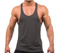 YAKER Men's Blank Stringer Y Back Bodybuilding Gym Tank Tops - Grey - Large
