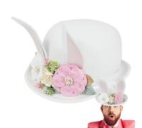 yakermur Easter bunny hat, rabbit ear rosary, party bunny Orees bowler hat with flowers - elegant role play accessories, carnival helmet, soft party headpiece for
