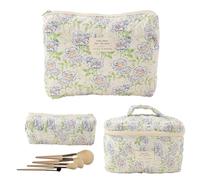 yakermur Flower Makeup Bag, 3 Pieces Quilted Cosmetic Bag, Aesthetic Makeup Pouch, Cute Travel Toiletry Bag, Cotton Brush Organizer, Bag, Blue Flower Large Handbag + Medium + Small, Se référer au