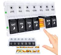 Yaklim Large Weekly Pill Organiser 2 Times A Day - Unique Quick Fill Bottom Design - 7 Day Push Button Pill Box AM PM, Travel Tablet Case for Supplements & Medication - BPA Free