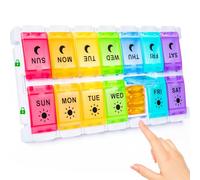 Yaklim Large Weekly Pill Organiser 2 Times A Day - Unique Quick Fill Bottom Design - 7 Day Push Button Pill Box AM PM, Travel Tablet Case for Supplements & Medication - BPA Free