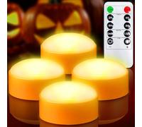 Yakpo 4 Pack Battery Operated Timer Halloween LED Pumpkin Lights with Remote, Flameless Flickering Orange Jack O Lantern Light, Outdoor Electric Orange Candle for Halloween Pumpkin Decorations