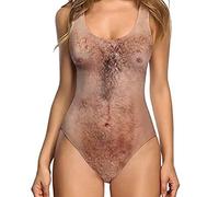 yakyamgi One Piece Swimsuits for Women Sexy High Cut Bathing Suit with Chest Hair Print Funny Flattering Beach Swimsuit S-2XL, Khaki, X-Large