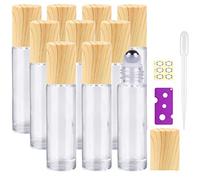 Yalbdopo 10Pcs, 10Ml Essential Oil Roller Bottles - Refillable Clear Glass Roll on Bottles with Stainless Steel Roller Ball & Wood Grain Plastic Cap, Include 12 Label, Dropper & Opener