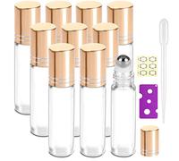 Yalbdopo 10Pcs, 10ml Essential Oil Roller Bottles Refillable Transparent Glass Roll on Bottle Clear Roll Bottles with Stainless Steel Roller Balls & Gold Cap, Include 12 Label, Dropper & Opene