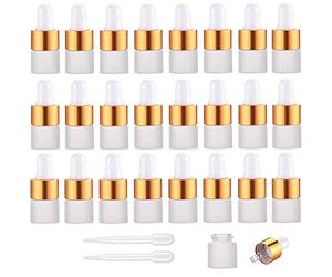 Yalbdopo 24Pcs, 1Ml Frosted Glass Sample Dropper Bottles, Empty Mini Bottles with Dropper Pipettes Golden Aluminum Alloy Cap Refillable Sample Container for Essential Oils Perfume Cosmetic Liquid