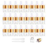 Yalbdopo 24Pcs, 1Ml Transparent Glass Sample Dropper Bottles, Empty Mini Bottles with Dropper Pipettes Gold Aluminum Alloy Cap Refillable Sample Container for Essential Oil Perfume Cosmetic Liquid