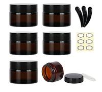Yalbdopo 6Pcs 10ml / 10g Empty Amber Glass Cosmetic Sample Containers with Black Plastic Lids and Inner Liners - Refillable Mini Travel Pot Jars for Makeup Face Creams Lip Balm Lotion Beauty Nails