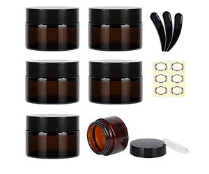 Yalbdopo 6Pcs 10ml / 10g Empty Amber Glass Cosmetic Sample Containers with Black Plastic Lids and Inner Liners - Refillable Mini Travel Pot Jars for Makeup Face Creams Lip Balm Lotion Beauty Nails