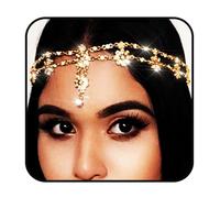 Yalice Indian Flower Head Chain Jewelry Gold Crystal Headband Elastic Goddess Headpieces Rhinestone Wedding Hair Chain Jewelry for Women(Gold-1), 1 Count (Pack of 1), Alloy