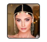 Yalice Indian Tassel Head Chain Gold Coin Headpieces Beaded Goddess Heaadband Chain Halloween Party Hair Chain for Women and Girls