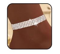 Yalice Rhinestone Ankle Bracelets for Women Crystal Tennis Anklets Dainty Bellydance Wedding Ankle Jewelry Silver Shining Elastic Leg Bracelet Stacked Bridesmaids Gift