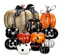 Yalikop 12 Pcs Halloween Artificial Foam Pumpkins Assorted Sizes Decorative Pumpkins Halloween Decorations for Table Tabletop Fireplace Mantel Tiered Tray Desk Home Decorations