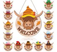 Yalikop 13 Set Interchangeable Highland Cow Welcome Sign 11.8 Inch Summer Fall Seasonal Highland Cow Front Door Hanger Holiday Farmhouse Wooden Hanging Sign for Home Porch Holiday Decoration Gift
