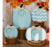 Yalikop 4 Pack Large Size Fall Pumpkin Decor 3D Pumpkin Wooden Tabletop Signs Thanksgiving Autumn Standing Table Centerpieces Tiered Tray Decoration for Home Mantle Harvest Party(Blue and White)